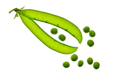 Open green pea pod and peas. / Isolated /