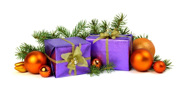 Christmas presents stacked up on white background — Stock Photo, Image