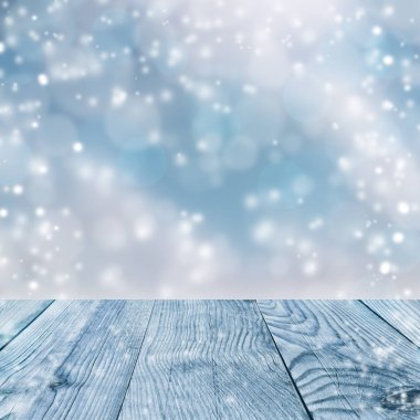 Noel arka plan mavi. Kar yağışı. Ahşap plakalar. Kış açık