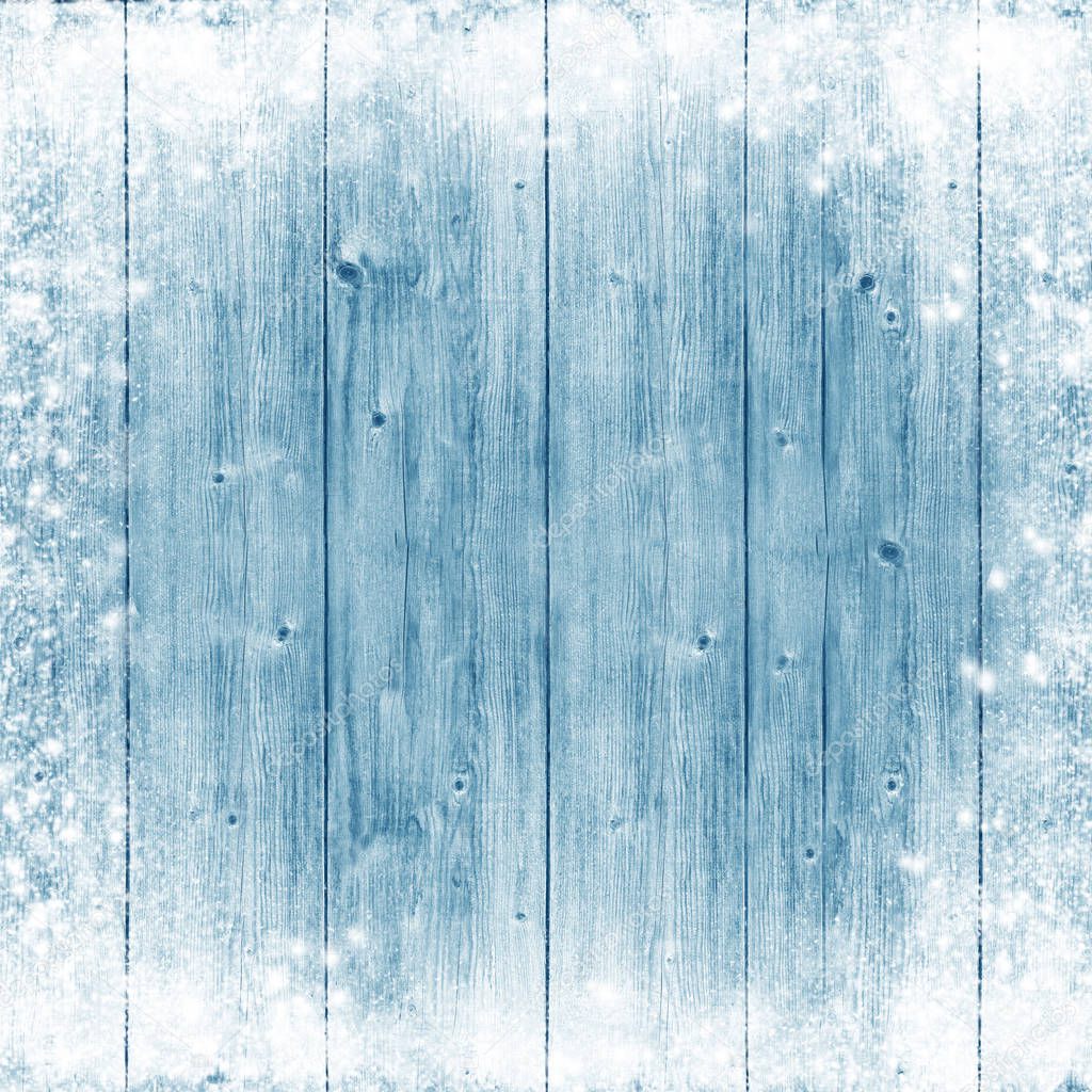Blue wood texture. Ice and snow. Christmas background.