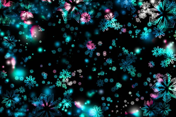Fondo nocturno de invierno, copos de nieve, bokeh, luces. Navidad. C — Foto de Stock