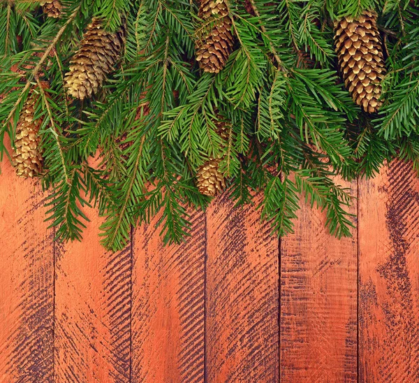 Christmas wooden background with fir tree. — Stock Photo, Image