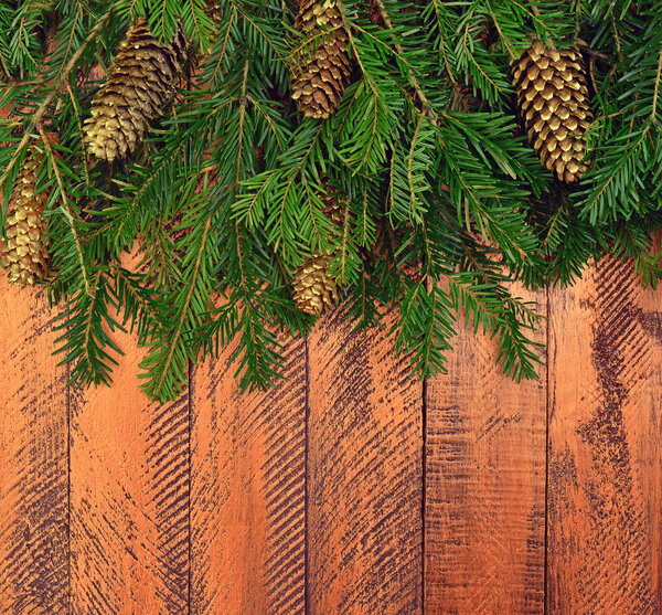 Christmas wooden background with fir tree. 