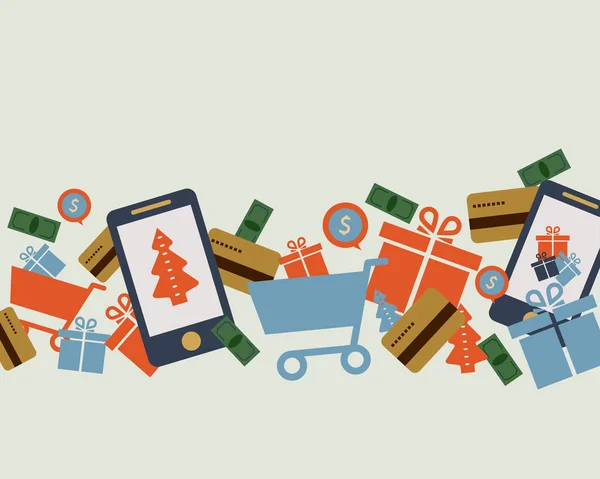 Smartphone, kártya, pénz, vásárlás, kosarak, ajándékok: a koncepció — Stock Fotó