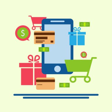 Smartphone, kartları, para, alışveriş, sepetler, hediyeler: kavram 