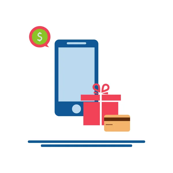 Smartphone, kártya, pénz, vásárlás, kosarak, ajándékok: a koncepció — Stock Vector