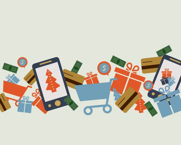 Mobiler Online-Shop, Smartphone, Einkaufswagen: Konzept des Mobiltelefons — Stockvektor
