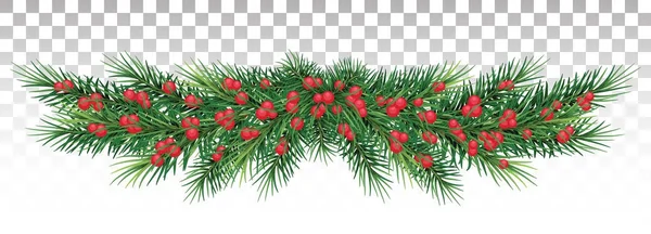 Long garland of Christmas tree branches and red berries. Vector — Stock Vector