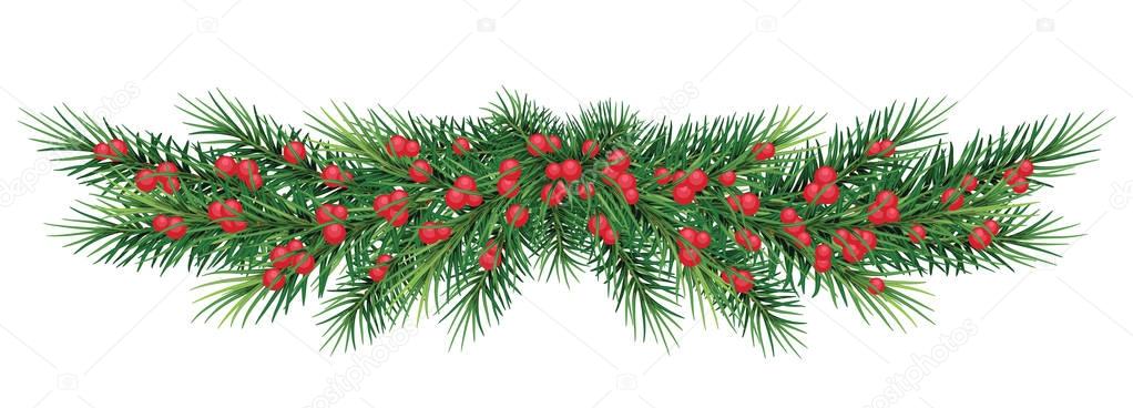  long garland of Christmas tree branches and red berries. Vector