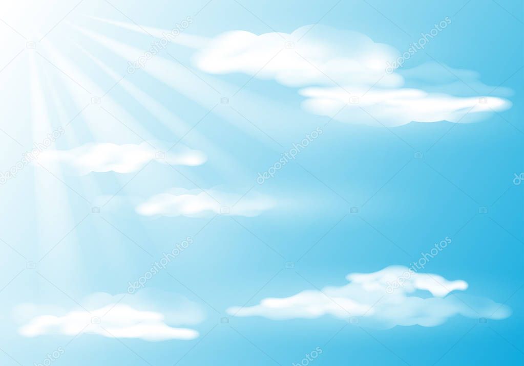 bright sky with clouds and sun rays. Nature background. Vector i