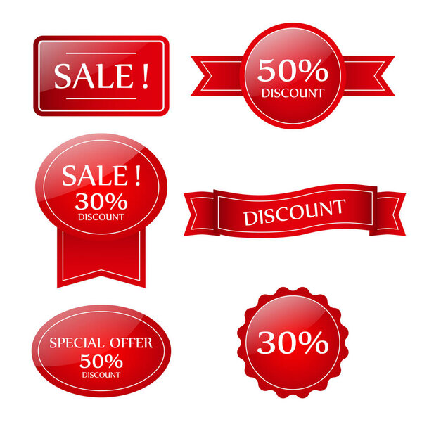 Set of red discount tickets, labels, stamps, stickers, corners, 