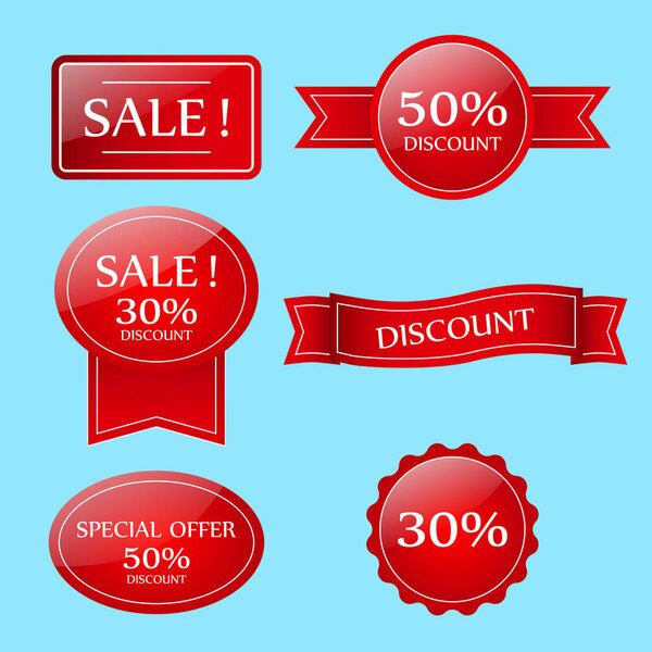 Set of red discount tickets, labels, stamps, stickers, corners, 