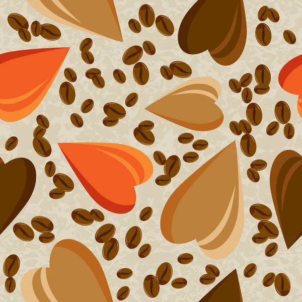 Corazones y granos de café sobre un fondo claro. textura sin costuras — Vector de stock