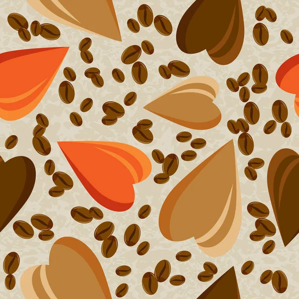 Corazones y granos de café sobre un fondo claro. textura sin costuras — Foto de Stock