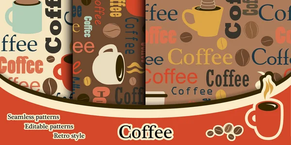 Egy sor egy lapos stílusú kávé textúrák. Textúrák szöveggel. Co — Stock Vector