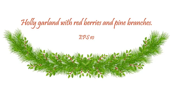Rami di albero di Natale, agrifoglio e bacca rossa. Decorazione festiva — Vettoriale Stock