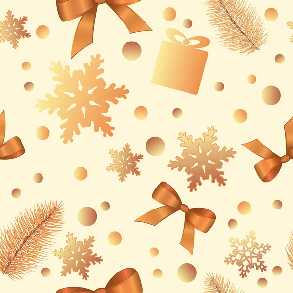 Christmas gold bells, birds, pine, bows, snowflakes pattern on a — Stock Photo, Image