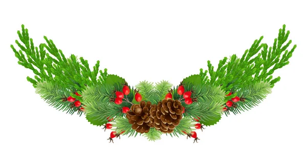 크리스마스 화환에 범프, 전나무 가지, 사이프러스, 붉은 장미 고관절 B — 스톡 벡터