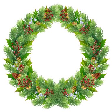 wreath with fir branches,  mistletoe, cones, acorns, green holly