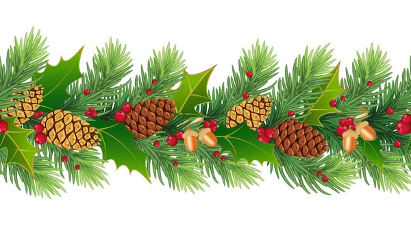 Seamless natural Christmas tree decor made of cones, hops, acorn