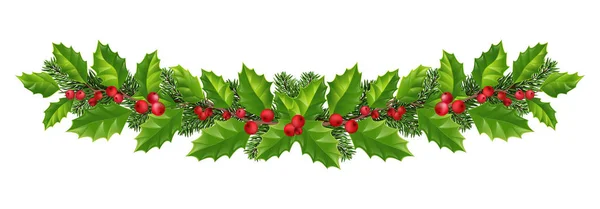 Grinalda larga de ramos de árvore de Natal e bagas vermelhas. Isolar — Fotografia de Stock