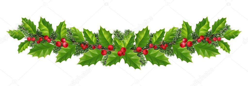 wide garland of Christmas tree branches and red berries. Isolate