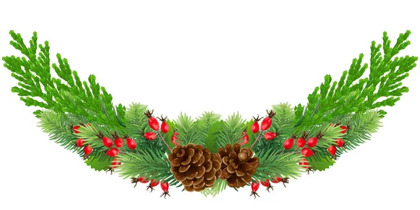 Wide Christmas garland / wreath of pine, cypress, red rosehip be — Stock Photo, Image