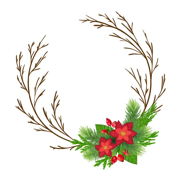 Χριστουγεννιάτικη σύνθεση με κόκκινο poissenti και πίτουρο χριστουγεννιάτικου δέντρου — Διανυσματικό Αρχείο