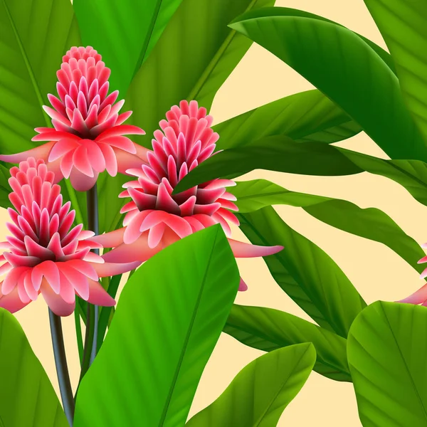Jengibre Rojo Flores Plantas Tropicales Patrón Sin Costuras Fondo Textura — Vector de stock
