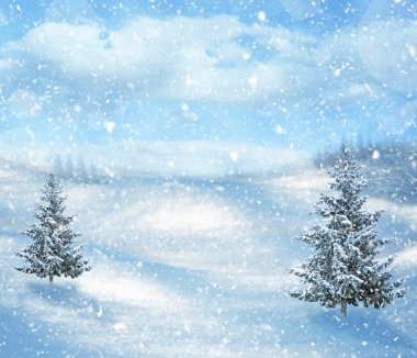 Noel ağaçlarıyla kaplı kış manzarası. Arka plan dağları ve gökyüzü, ladin, kış ve kar. Yılbaşı ve yeni yıl arkaplanı. Dağlardaki kış ağaçları taze karla kaplı..