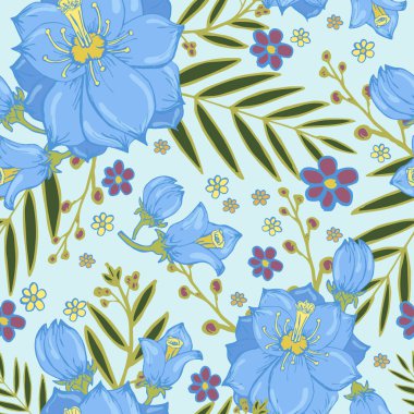 Soyut, dikişsiz çiçek deseni. Çiçekli, dallı, yapraklı kusursuz desen. Kumaş ve tekstil için çiçek dokusu 