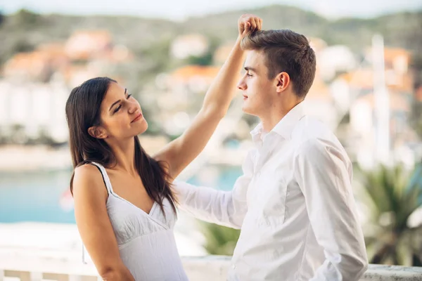 Pareja Feliz Enamorada Vacaciones Verano Celebración Vacaciones Aniversario Compromiso Relación — Foto de Stock