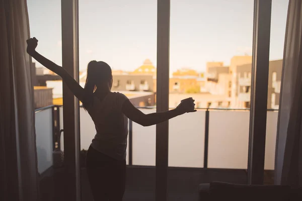 Sleepy Woman Stretching Drinking Coffee Wake Early Monday Morning Sunrise — стоковое фото