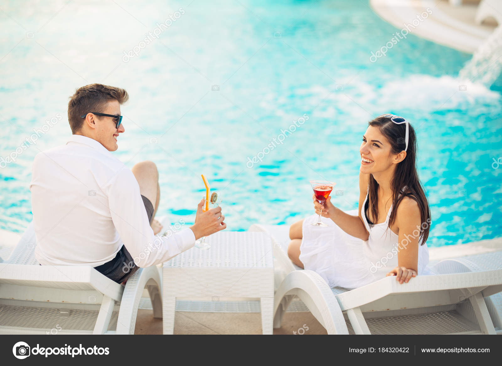 Positive Happy Couple Relaxing Pool Luxury Summer Vacation Resort