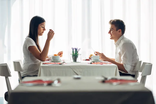 Two Casual Young Adults Having Conversation Meal Formal Proposal Talking — стоковое фото