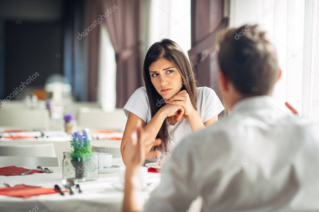 Worried woman doubting.Angry female despise partners actions,agitated person having relationship problems.Revealing the truth.Wandering,not listening conversation.Not convinced.First impression