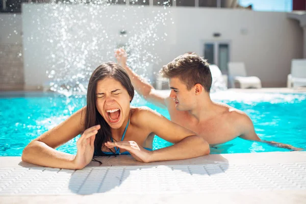 Screaming Young Teenage Girl Pool Annoyed Pool Splashing Splashing Water — стоковое фото