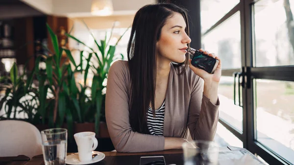 Young Woman Using Electronic Cigarette Smoke Public Places Smoke Restriction — Stock Photo, Image