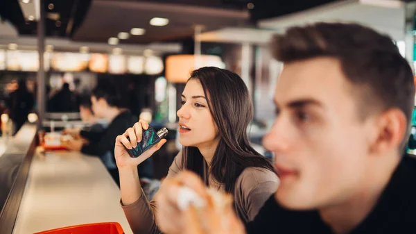 Young Woman Using Electronic Cigarette Smoke Public Places Smoke Restriction — Stock Photo, Image