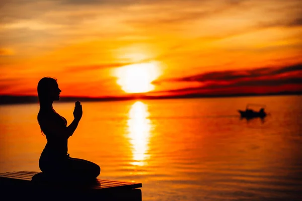 Carefree Calm Woman Meditating Nature Finding Inner Peace Yoga Practice — Stock Photo, Image