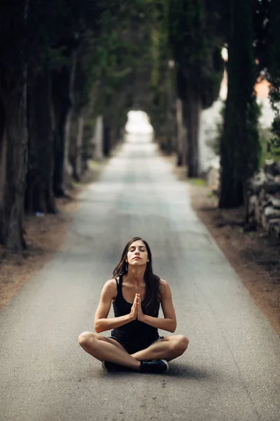 Carefree Calm Woman Meditating Nature Finding Inner Peace Yoga Practice — Stock Photo, Image