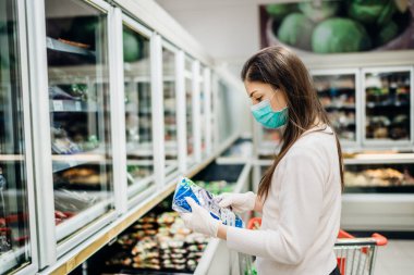 Süpermarketten yüz maskesi takan bir kadın. Coronavirus covid-19 pandemic sırasında panik alışverişi. Bütçe alışverişi.
