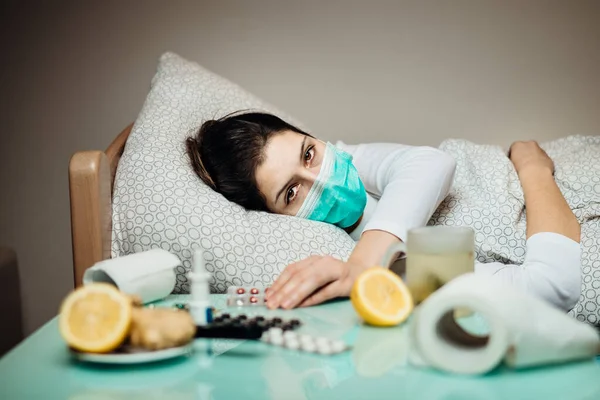 Sick Woman Home Quarantine Bed Self Isolation Severe Pneumonia Disease — Stock Photo, Image
