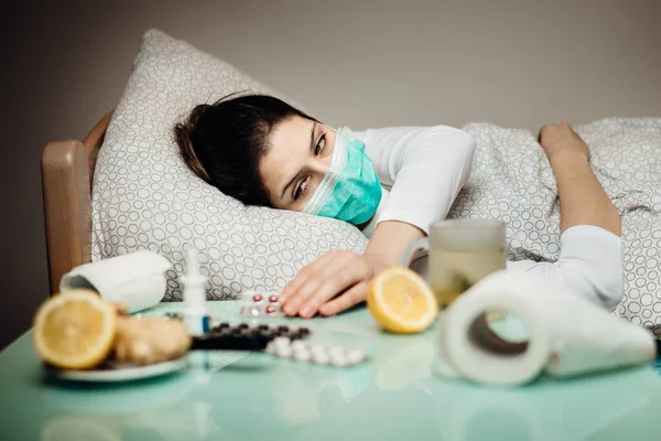 Sick Woman Mask Quarantine Bed Self Isolation Coronavirus Covid Patient — Stock Photo, Image