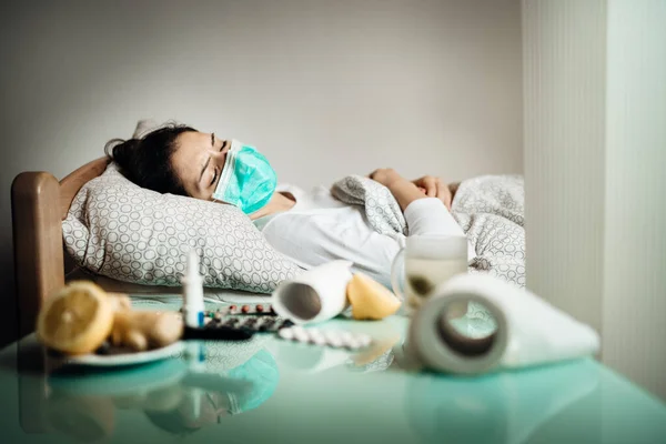 Sick Woman Mask Mobile Quarantine Hospital Units Isolation Coronavirus Covid — Stock Photo, Image
