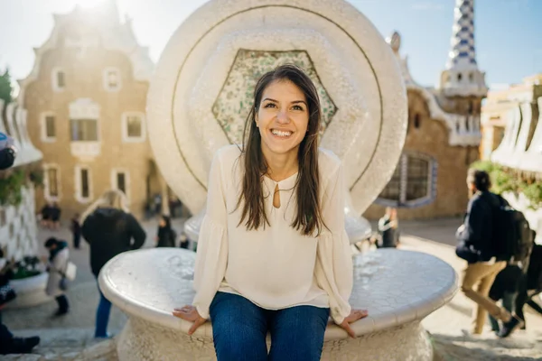 Amazed Young Tourist Enjoying Vacation Barcelona Spain Traveling Europe Visiting — Stock Photo, Image