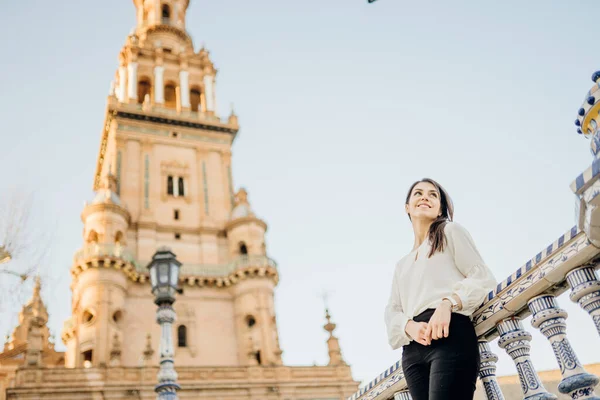 Enjoying Beautiful Historical Landmark Young Tourist Woman Looking Plaza Espana — стоковое фото