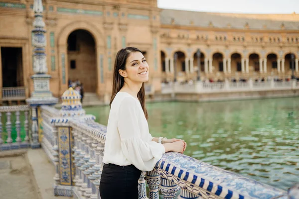 Smiling Young Tourist Woman Looking Plaza Espana Seville Sevilla Andalusia — Stock Photo, Image