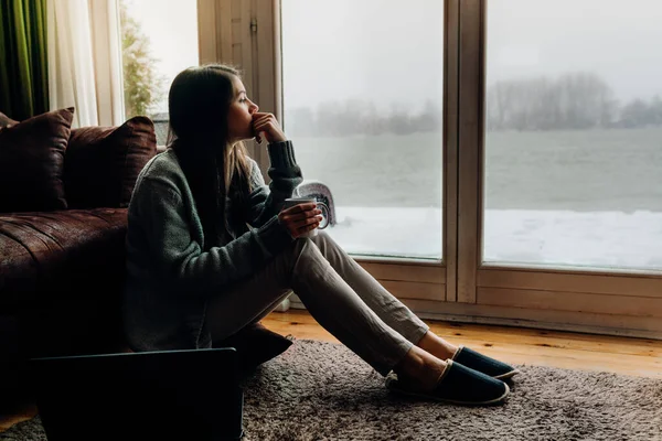 Mujer Que Trabaja Desde Casa Habitación Con Vistas Lago Río —  Fotos de Stock