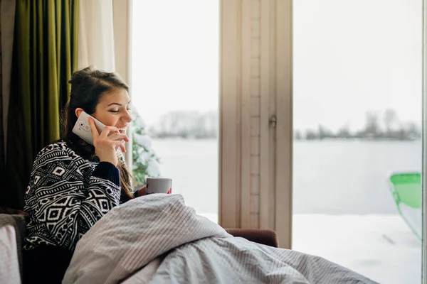 Young Woman Talking Mobile Phone Bed Staying Connected Isolation Communicating — Stock Photo, Image